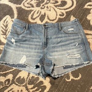 Aerie Blue Distressed Jean Shorts with Frayed Hem elastic waist